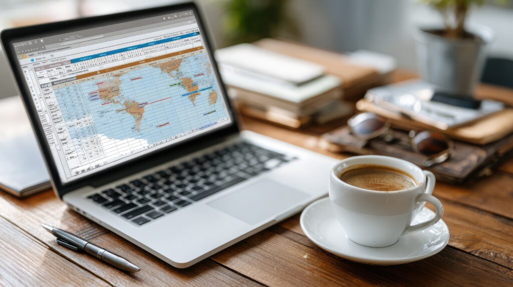 Welcome to Infinite Journeys cozy office setup with a laptop displaying a world map and a cup of coffee, surrounded by stationery and notebooks on a wooden desk for remote work or travel planning